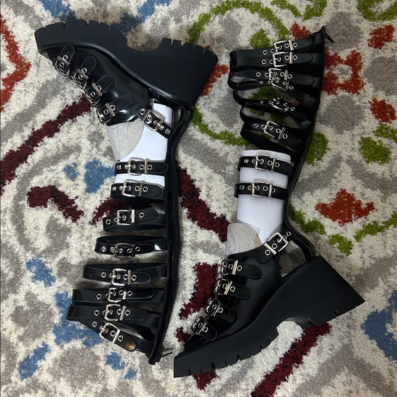 NIB Jeffrey Campbell black Post-Punk knee high cage gladiator chunky heel sandal - Picture 6 of 14